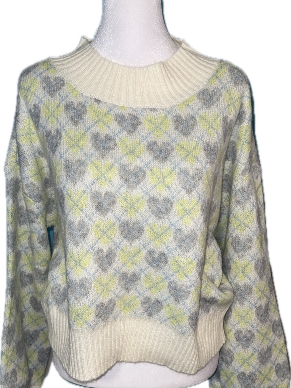 American Eagle Outfitters Cream Argyle Scoopneck Sweater with Gray & Pale Yellow